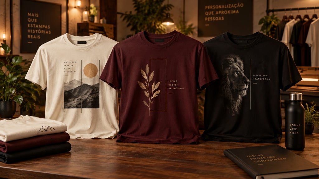 Camisetas personalizadas em diferentes estilos e estampas sobre mesa de madeira